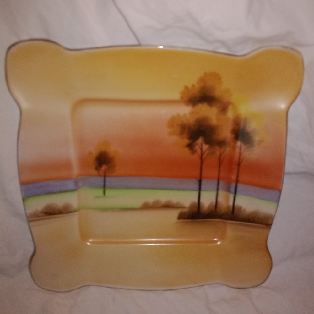Meito China Hand Painted Square Plate 8 5/8" Lake Sunset